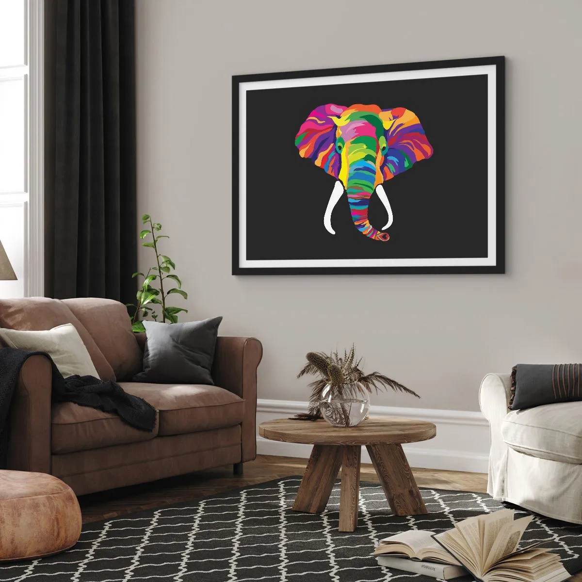 Plakat i sort ramme - Elefanten, der elskede at bade i regnbuen - 40x30 cm
