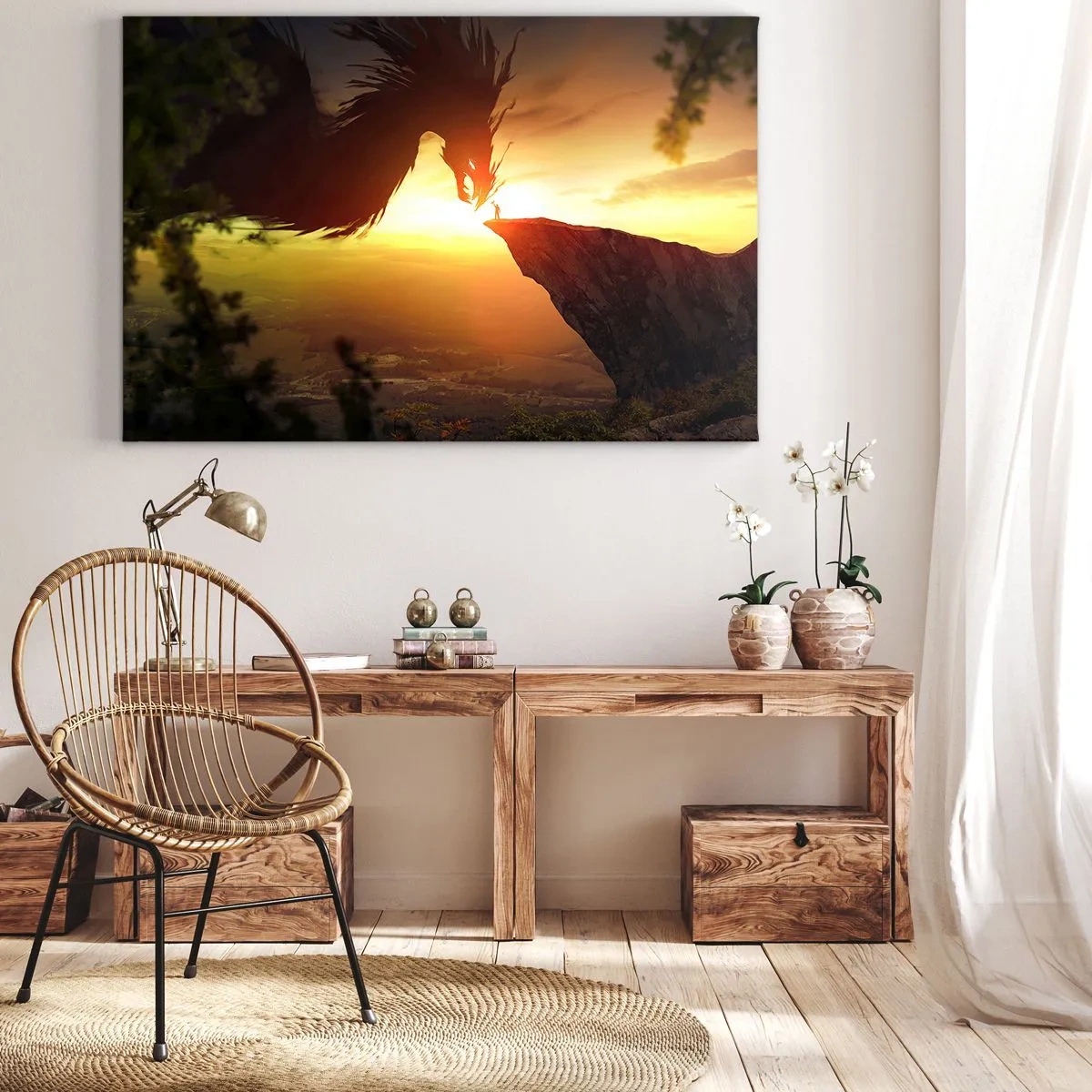 Lærredstryk - Billede på lærred - En drage og en mand på en klippe i gløden fra den nedgående sol - 70x50cm - Dragedræber - Moderne vægdekoration til stue og soveværelse ARTTOR