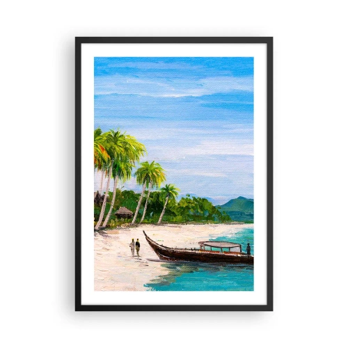Plakat i sort ramme - Tropisk strand med palmer og en båd på kysten - 50x70cm - En eksotisk drøm - Moderne vægdekoration til stue og soveværelse ARTTOR