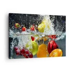 Lærredstryk - Billede på lærred - Farverige frugter i vand under dynamisk nedsænkning - 70x50cm - Frugtagtig forfriskning - Moderne vægdekoration til stue og soveværelse ARTTOR
