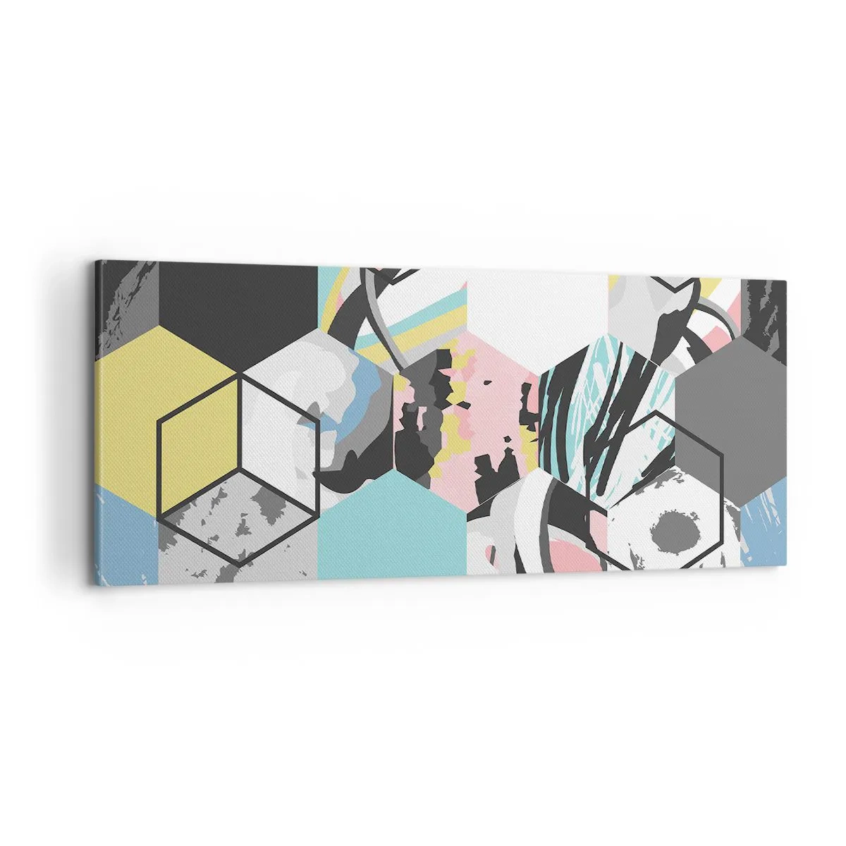 Lærredstryk - Billede på lærred - Sekskanter og terninger i seks farver - 100x40 cm
