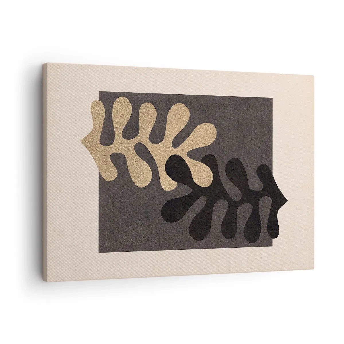 Lærredstryk - Billede på lærred - Abstrakte blade i sort og beige på en rektangulær baggrund - 70x50cm - Fravær og supplement - Moderne vægdekoration til stue og soveværelse ARTTOR