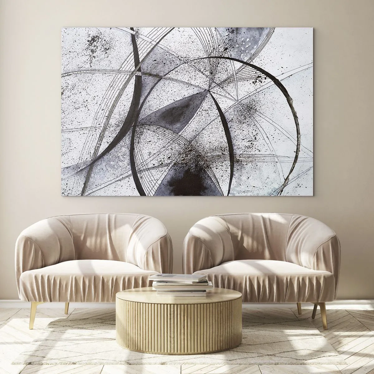 Billede på glas - En sort-hvid komposition af krydsende linjer og geometriske buer. - 70x50cm - Futuristisk fantasi - Moderne vægdekoration til stue og soveværelse ARTTOR
