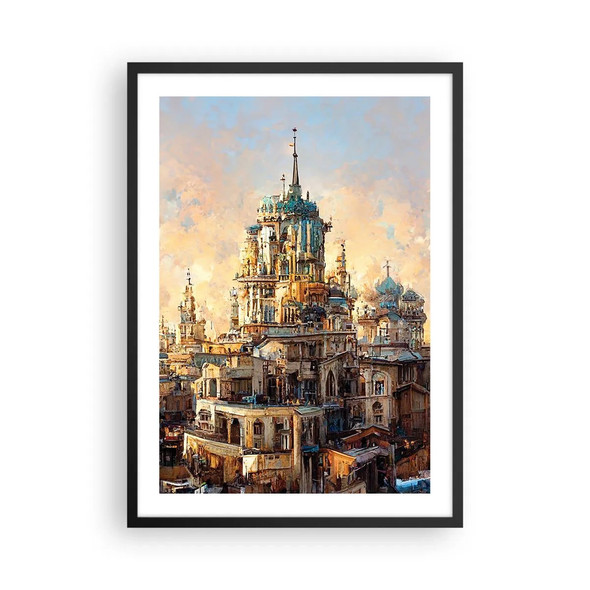Plakat i sort ramme - Monumental arkitektur i varme farver - 50x70cm - En by af byer - Moderne vægdekoration til stue og soveværelse ARTTOR