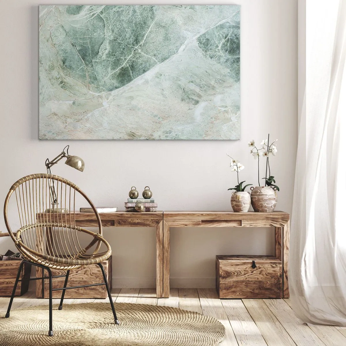 Lærredstryk - Billede på lærred - Grøn marmor med fine hvide årer - 70x50cm - Den ædle kølighed af sten - Moderne vægdekoration til stue og soveværelse ARTTOR