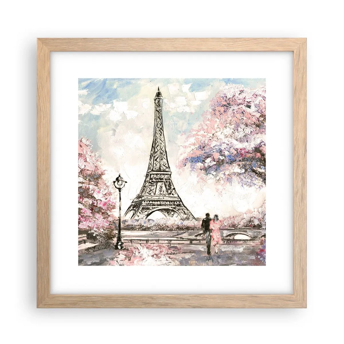 Plakat i ramme af lyst egetræ - April gåtur rundt i Paris - 30x30 cm