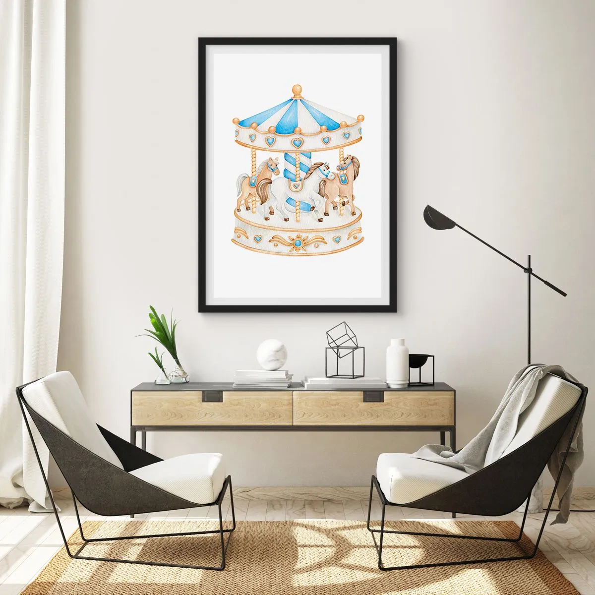 Plakat i sort ramme - Akvarelkarrusel i pastelfarver af blå og guld - 50x70cm - Sød barndom - Moderne vægdekoration til stue og soveværelse ARTTOR