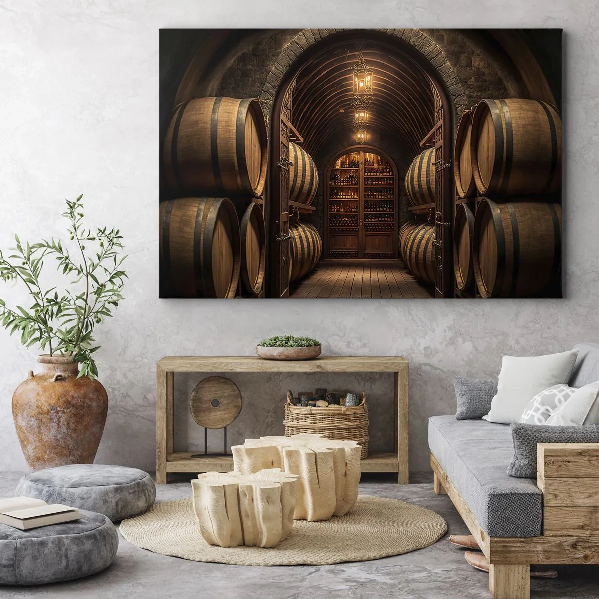 Lærredstryk - Billede på lærred - Vinkælder med træfade og vinreoler - 70x50cm - Atmosfærisk kælder - Moderne vægdekoration til stue og soveværelse ARTTOR