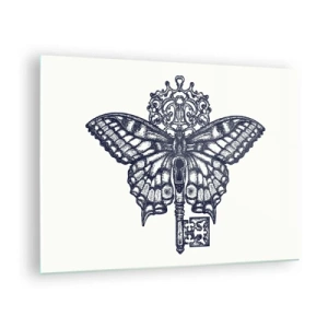 Billede på glas - Illustration af en sommerfugl med en nøgle i midten - 70x50cm - Alle hjertets hemmeligheder - Moderne vægdekoration til stue og soveværelse ARTTOR