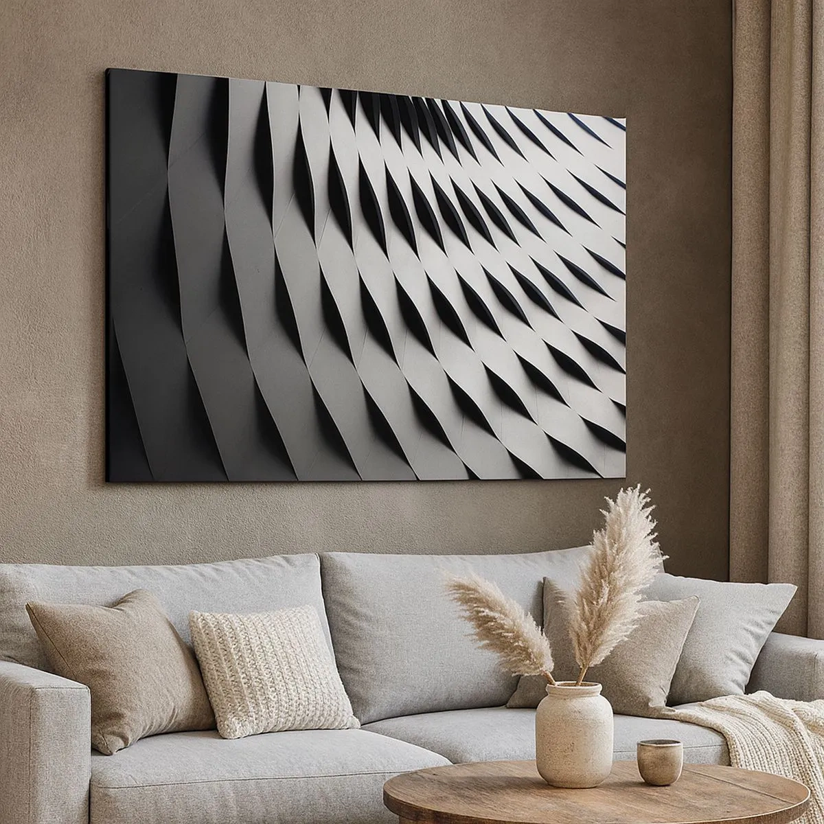 Lærredstryk - Billede på lærred - Abstrakt geometrisk mønster i sorte og hvide nuancer - 70x50cm - På bølgernes overflade - Moderne vægdekoration til stue og soveværelse ARTTOR