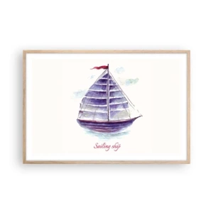 Plakat i ramme af lyst egetræ - Fulde sejl og roligt vand - 91x61 cm