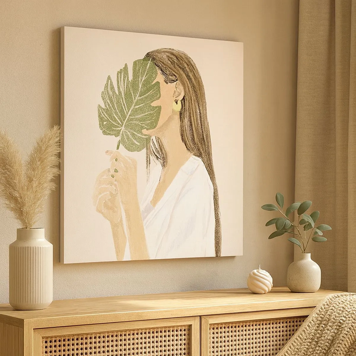 Lærredstryk - Billede på lærred - Mystisk portræt med en vifte - 30x30 cm