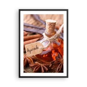 Plakat i sort ramme - En flaske ayurvedisk olie og krydderier - 50x70cm - På vej mod enhed af krop og ånd - Moderne vægdekoration til stue og soveværelse ARTTOR