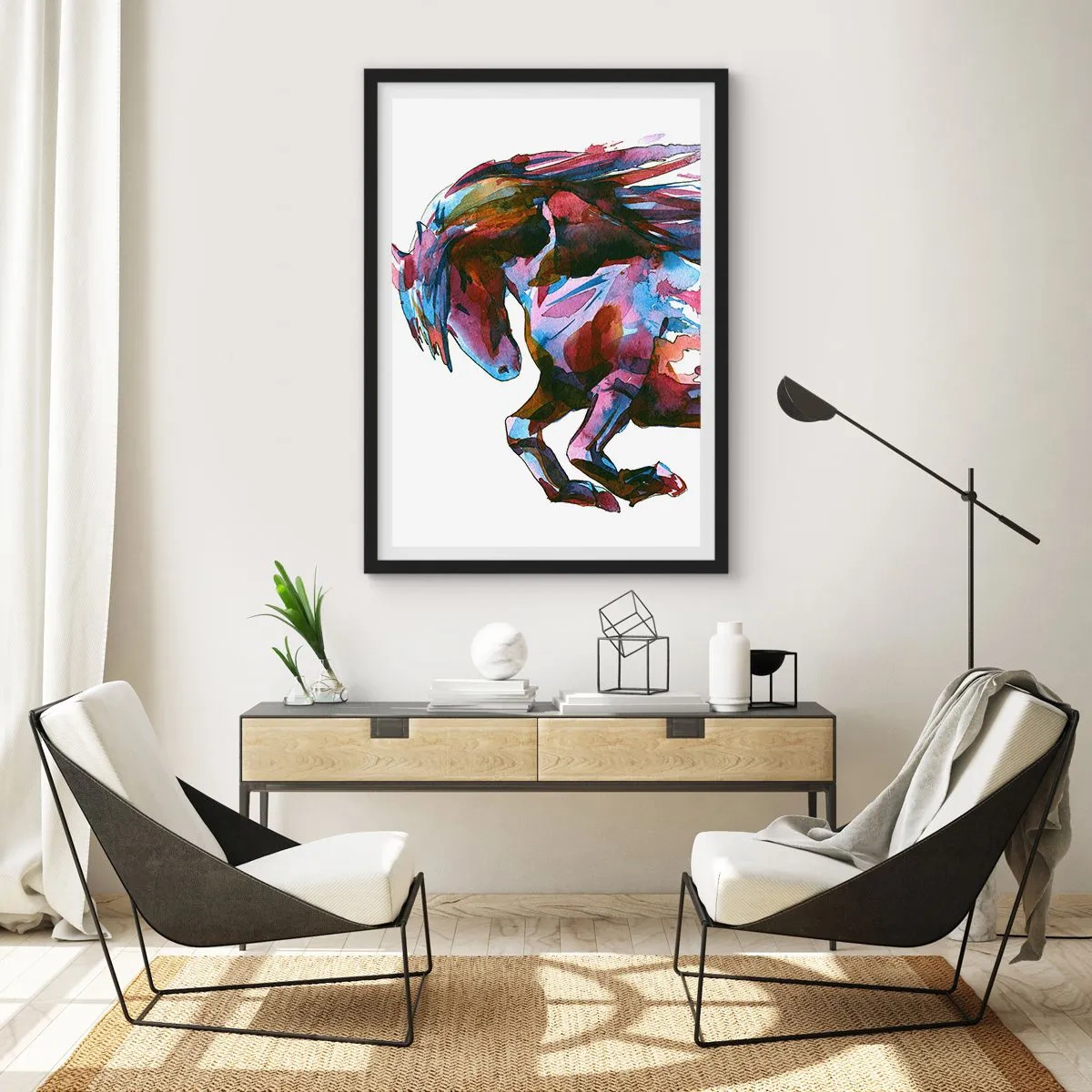 Plakat i sort ramme - Farverig abstrakt hest i en dynamisk positur - 50x70cm - I henrykkelse - Moderne vægdekoration til stue og soveværelse ARTTOR