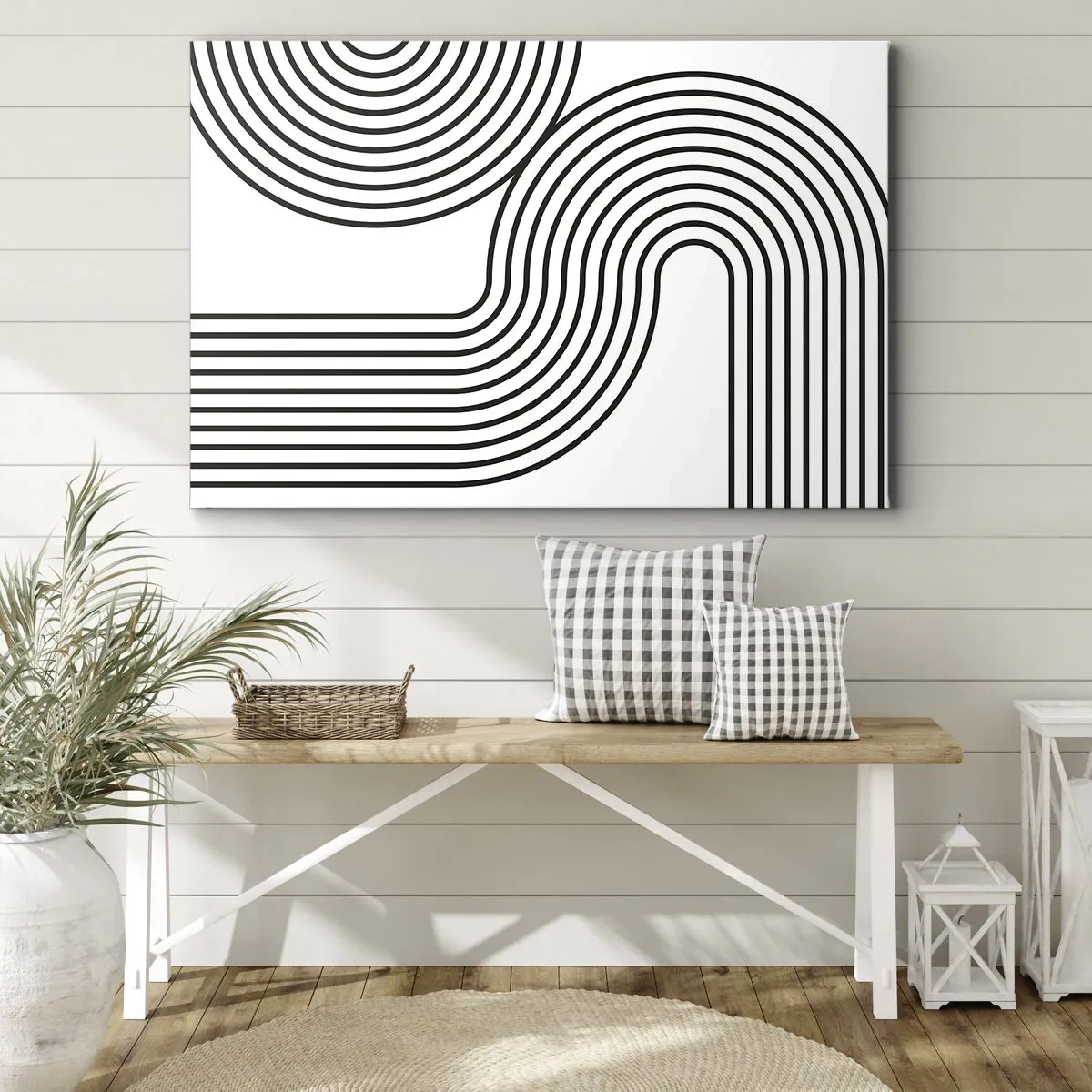Lærredstryk - Billede på lærred - Et abstrakt maleri med sorte linjer, der skaber geometriske mønstre på en hvid baggrund. - 70x50cm - På en kurve - Moderne vægdekoration til stue og soveværelse ARTTOR