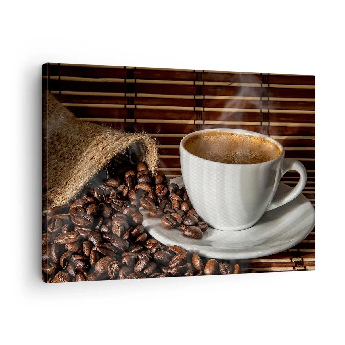 Lærredstryk - Billede på lærred - En kop kaffe med bønner på en bambusbaggrund - 70x50cm - Kulets sorthed, ravets gennemsigtighed - Moderne vægdekoration til stue og soveværelse ARTTOR