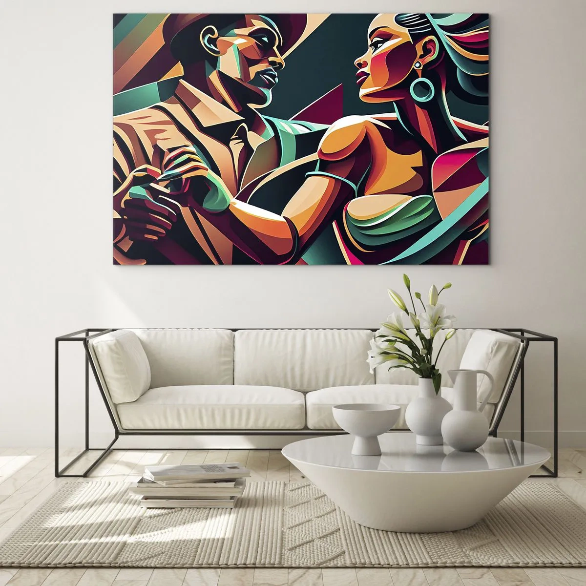 Billede på glas - Et farverigt par, der danser i art deco-stil med dynamisk udtryk. - 70x50cm - I hjertets rytme - Moderne vægdekoration til stue og soveværelse ARTTOR