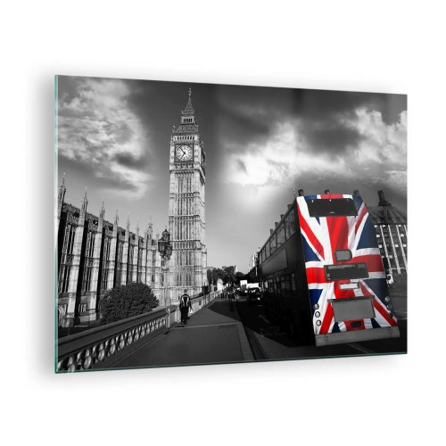 Billede på glas - Big Ben og en bus med et britisk flag - 70x50cm - Stolt og stor - Moderne vægdekoration til stue og soveværelse ARTTOR
