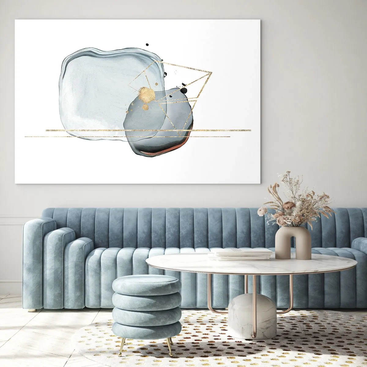 Billede på glas - Moderne abstraktion med dråber og gyldne geometriske linjer - 70x50cm - En undersøgelse af dråber - Moderne vægdekoration til stue og soveværelse ARTTOR