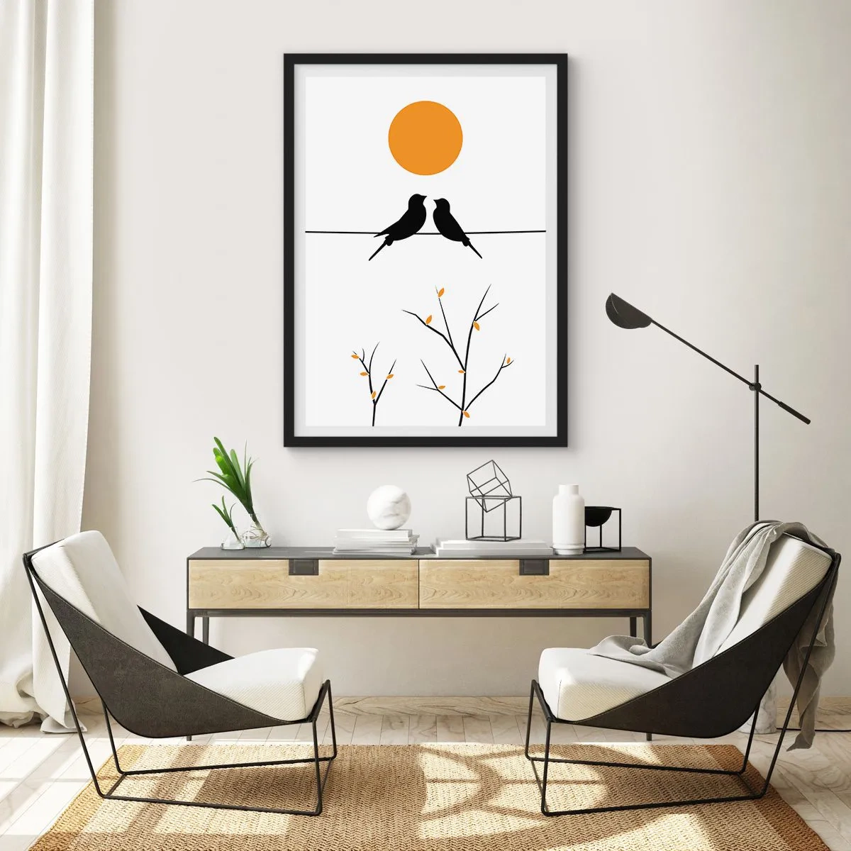 Plakat i sort ramme - To fugle på en gren med en orange sol i baggrunden - 50x70cm - Nattergal - Moderne vægdekoration til stue og soveværelse ARTTOR