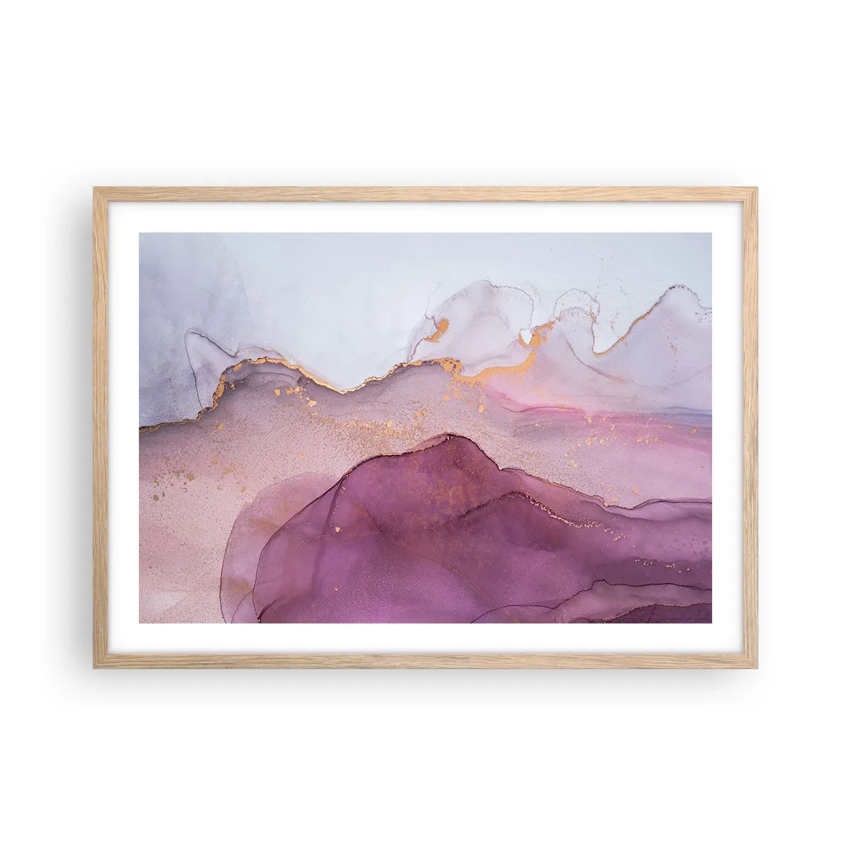 Plakat i ramme af lyst egetræ - Lilla og violette bølger - 70x50 cm