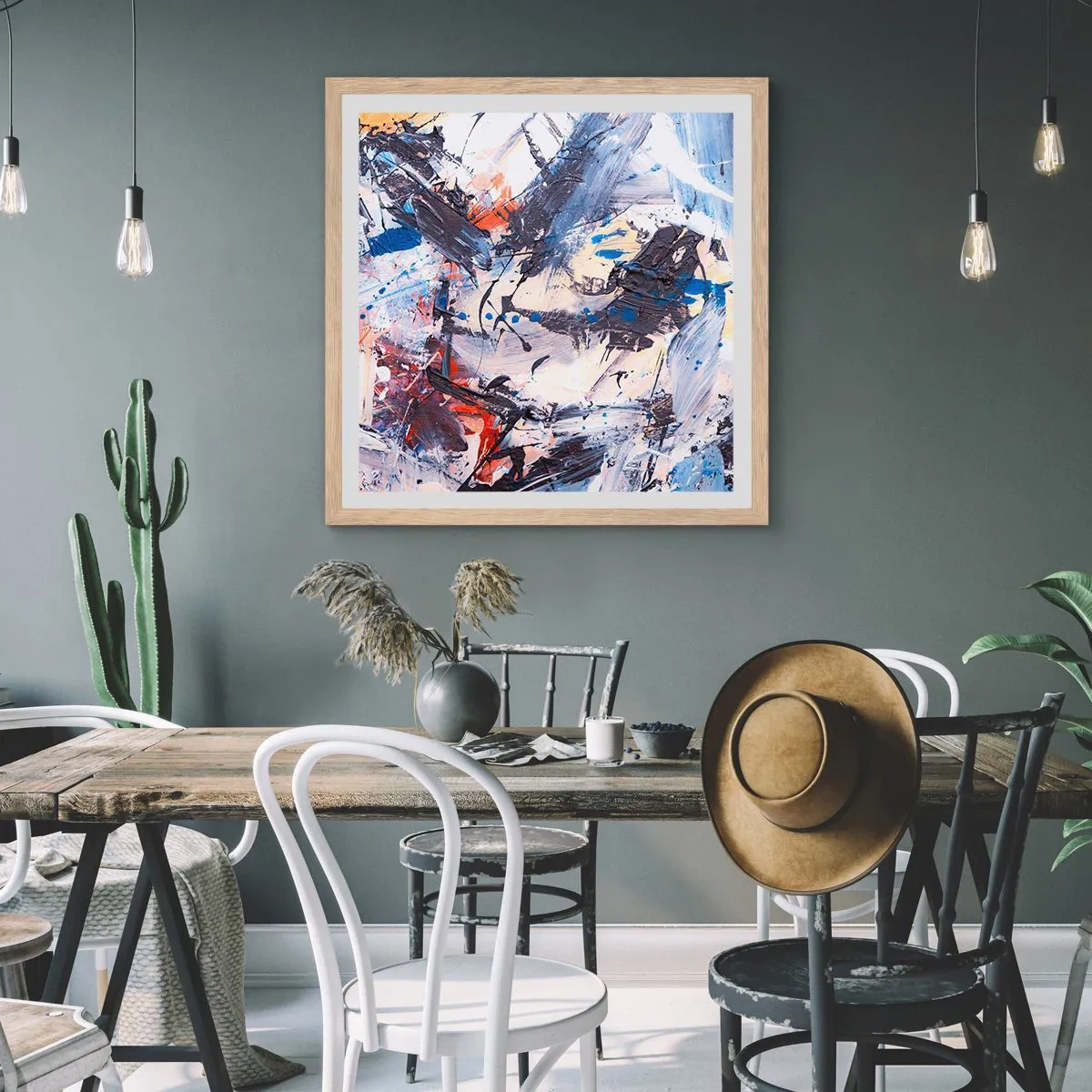 Plakat i ramme af lyst egetræ - Abstraktionens vanvittige dans - 40x40 cm