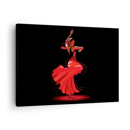 Lærredstryk - Billede på lærred - Flamencodanser i en rød kjole mod en sort baggrund - 70x50cm - Flamencoens brændende ånd - Moderne vægdekoration til stue og soveværelse ARTTOR