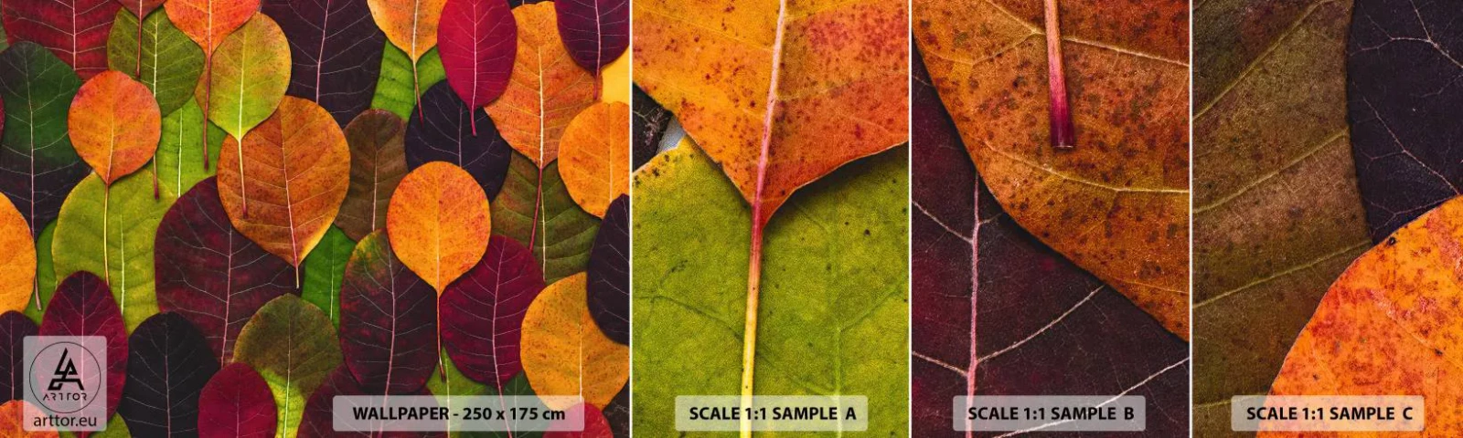 Prøve Fototapet Selvklæbende Deluxe Sticker - Efterårsmosaik - Grafik, Farverige blade, Stykke - 100x30 cm