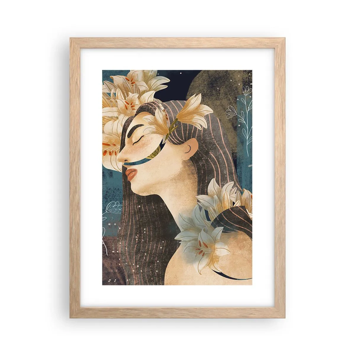 Plakat i ramme af lyst egetræ - Eventyret om prinsessen med liljerne - 30x40 cm