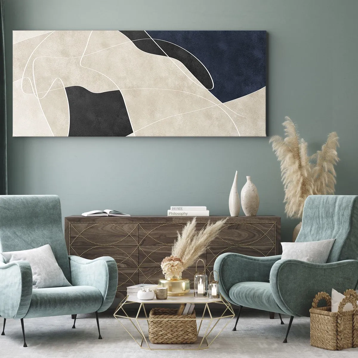 Lærredstryk - Billede på lærred - Abstrakt komposition - kontrast af farver - 140x50 cm