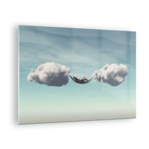 Billede på glas - Hængekøjer i skyer på en blå himmel - 70x50cm - Lykken i øjeblikket - Moderne vægdekoration til stue og soveværelse ARTTOR
