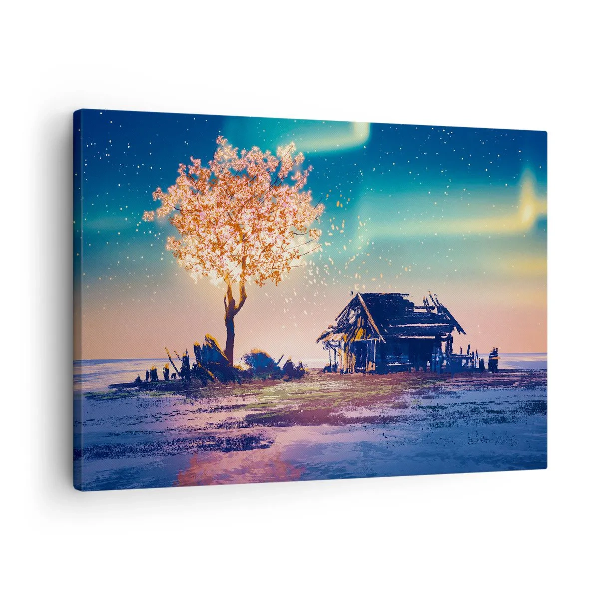 Lærredstryk - Billede på lærred - Et hus og et blomstrende træ under nattehimlen - 70x50cm - Naturen går ikke over - Moderne vægdekoration til stue og soveværelse ARTTOR