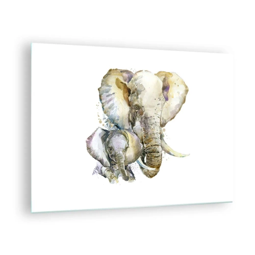 Billede på glas - Kunstneriske elefanter i akvarelstil på en hvid baggrund - 70x50cm - Der er intet sted som hos mor - Moderne vægdekoration til stue og soveværelse ARTTOR