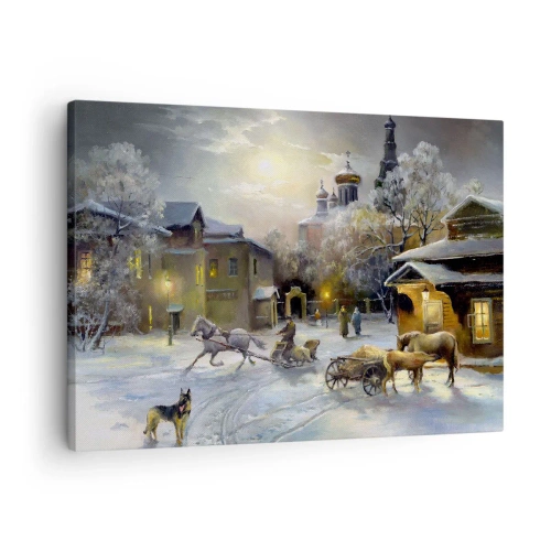 Lærredstryk - Billede på lærred - Vinterlandskab i en russisk by med en kane og en kirke - 70x50cm - Den russiske vinters magi - Moderne vægdekoration til stue og soveværelse ARTTOR