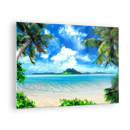 Billede på glas - En tropisk strand med palmer og udsigt over en bjergrig ø - 70x50cm - Azur i troperne - Moderne vægdekoration til stue og soveværelse ARTTOR