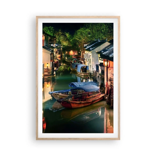 Plakat i ramme af lyst egetræ - En aften på en kinesisk gade - 61x91 cm