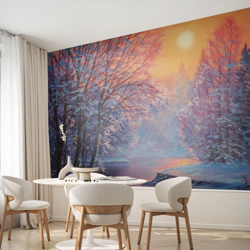 Fototapet Premium Canvas - Vinterens farver - Landskab, flod, Skov - 400x280 cm