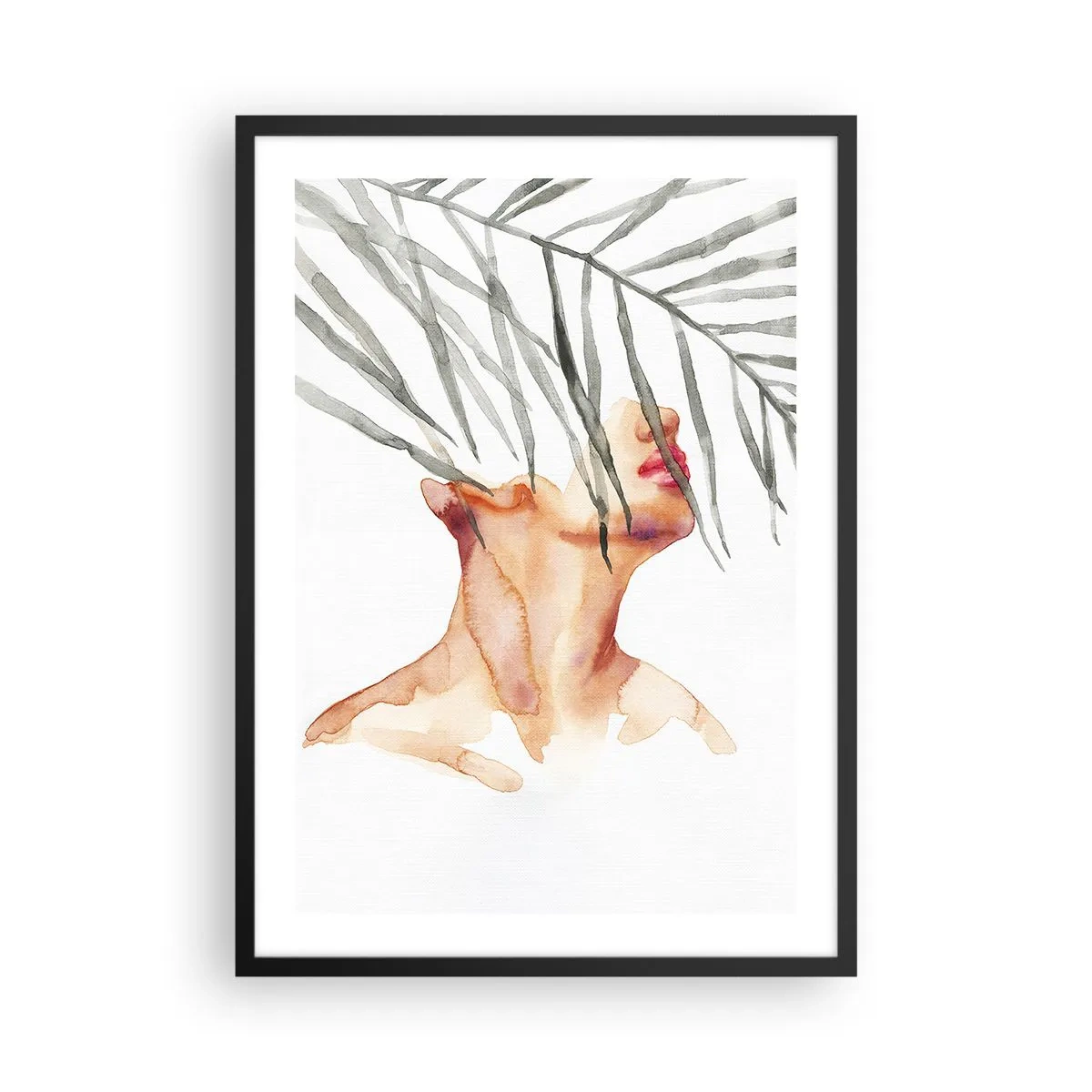 Plakat i sort ramme - Akvarel kvinde med palmeblade, der dækker hendes ansigt - 50x70cm - Mærk pulsen i troperne - Moderne vægdekoration til stue og soveværelse ARTTOR
