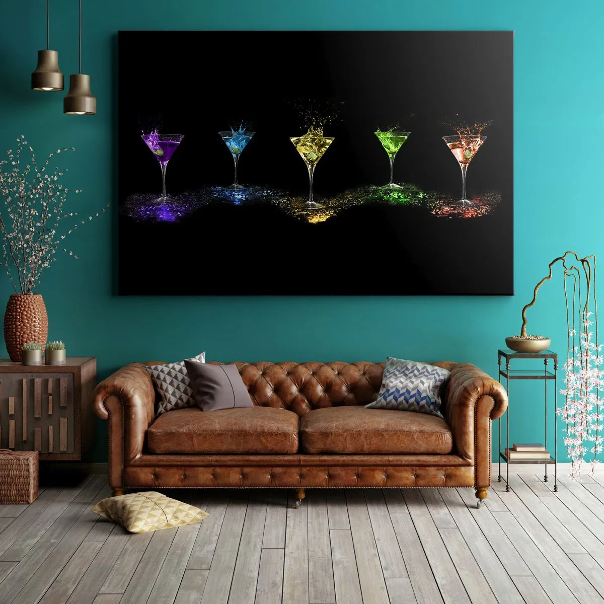 Lærredstryk - Billede på lærred - Farverige cocktails i glas på en sort baggrund - 70x50cm - Glædens farver i krystalglas - Moderne vægdekoration til stue og soveværelse ARTTOR