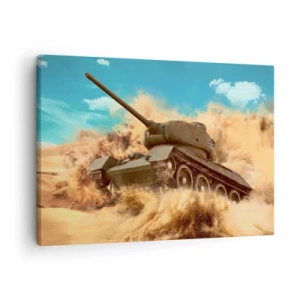 Lærredstryk - Billede på lærred - En tank i aktion i ørkenen, omgivet af sandstøv. - 70x50cm - Ikke at slå - Moderne vægdekoration til stue og soveværelse ARTTOR