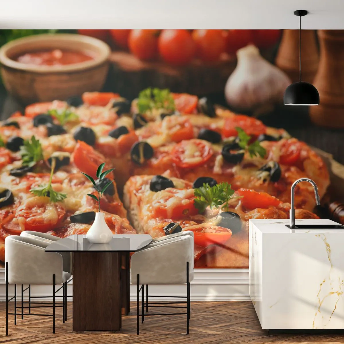 Fototapet Premium Sand - Du er sluppet af sted med det igen - Gastronomi, Pizza, Tomat - 100x70 cm