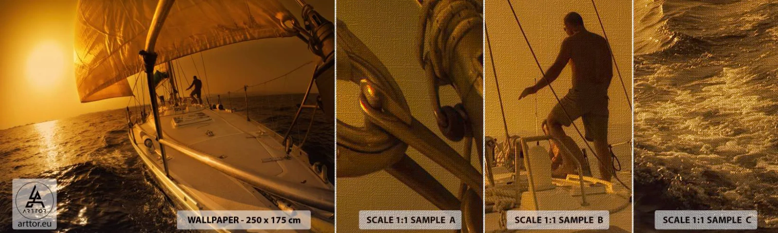 Prøve Fototapet Premium Canvas - En gylden aften efter en broget dag - Maritime studier, Sejlbåd, Rejser - 100x30 cm