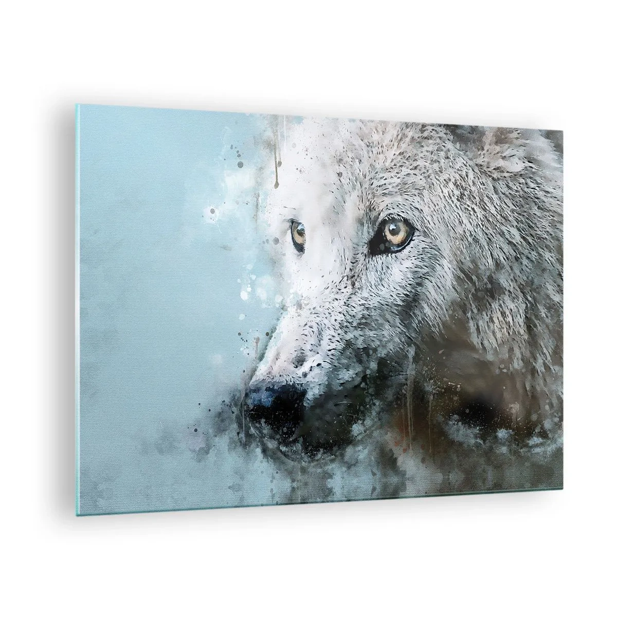 Billede på glas - Ulveportræt med kunstneriske, slørede accenter i blå nuancer - 70x50cm - Mød ulvesjælen - Moderne vægdekoration til stue og soveværelse ARTTOR