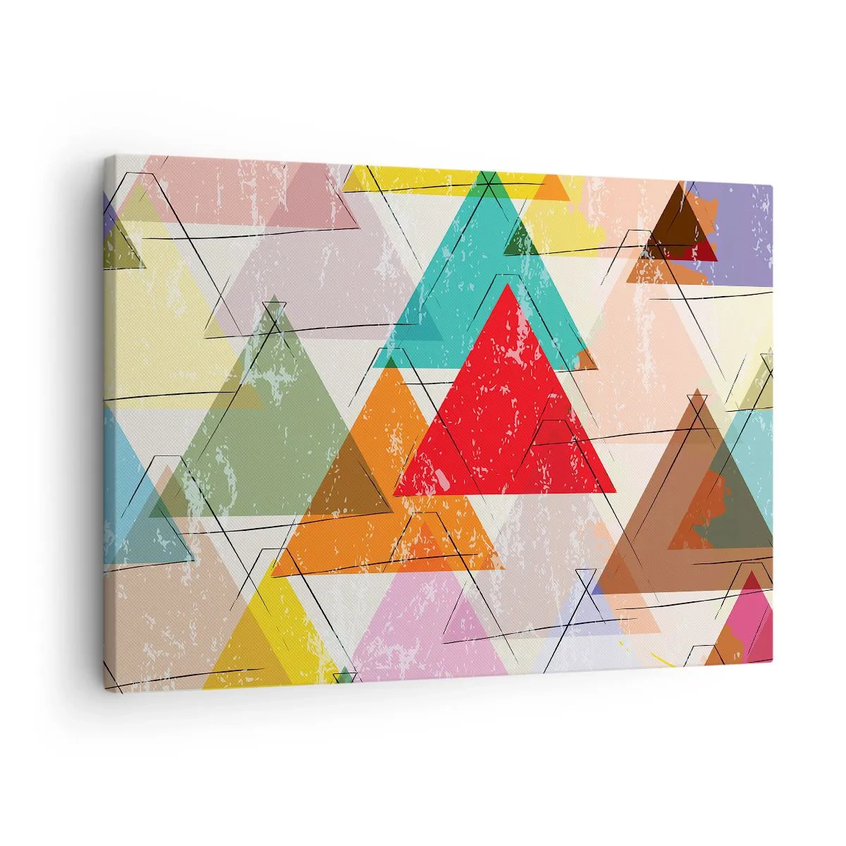 Lærredstryk - Billede på lærred - Farverig abstraktion med geometriske trekanter - 70x50cm - Tre og tre - Moderne vægdekoration til stue og soveværelse ARTTOR