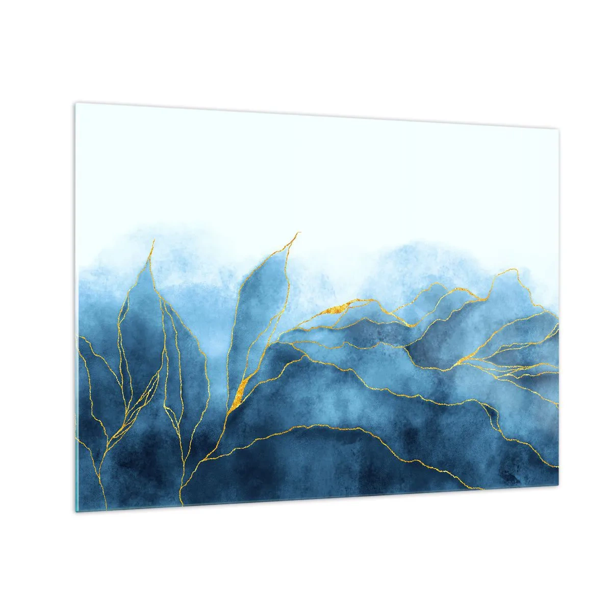 Billede på glas - Abstrakte blå former med fine guldlinjer. - 70x50cm - Blå i guld - Moderne vægdekoration til stue og soveværelse ARTTOR