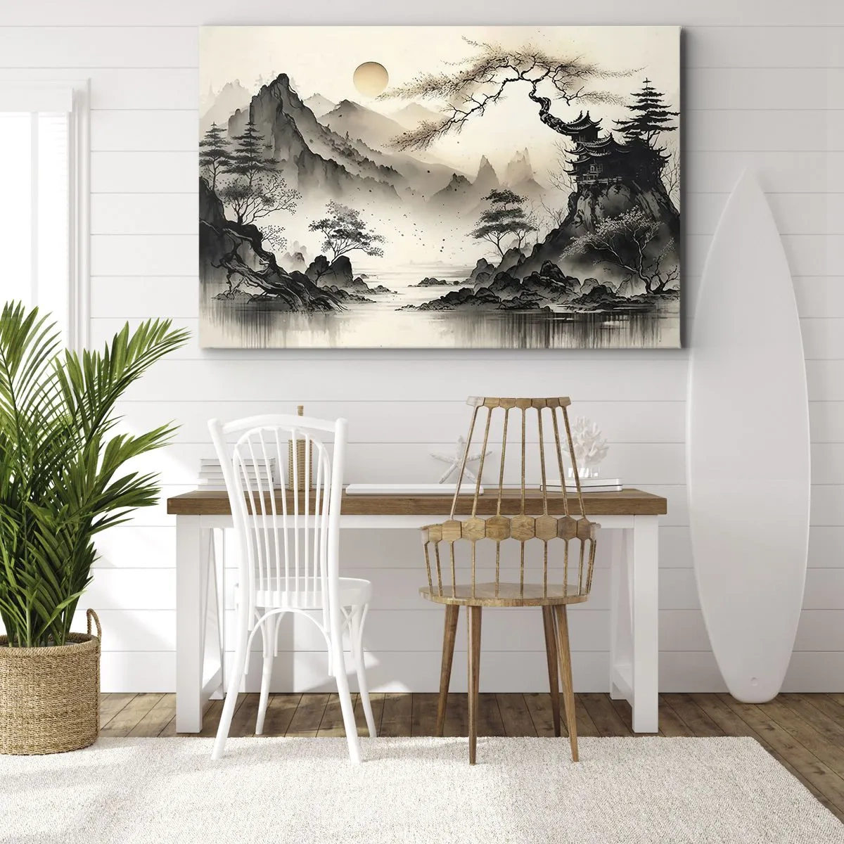 Lærredstryk - Billede på lærred - Et orientalsk landskab med bjerge og en pagode i sarte nuancer. - 70x50cm - Orientens unikke charme - Moderne vægdekoration til stue og soveværelse ARTTOR