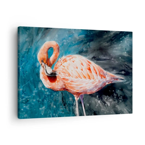 Lærredstryk - Billede på lærred - En lyserød flamingo på en akvarelblå baggrund - 70x50cm - Dekorativ af natur - Moderne vægdekoration til stue og soveværelse ARTTOR