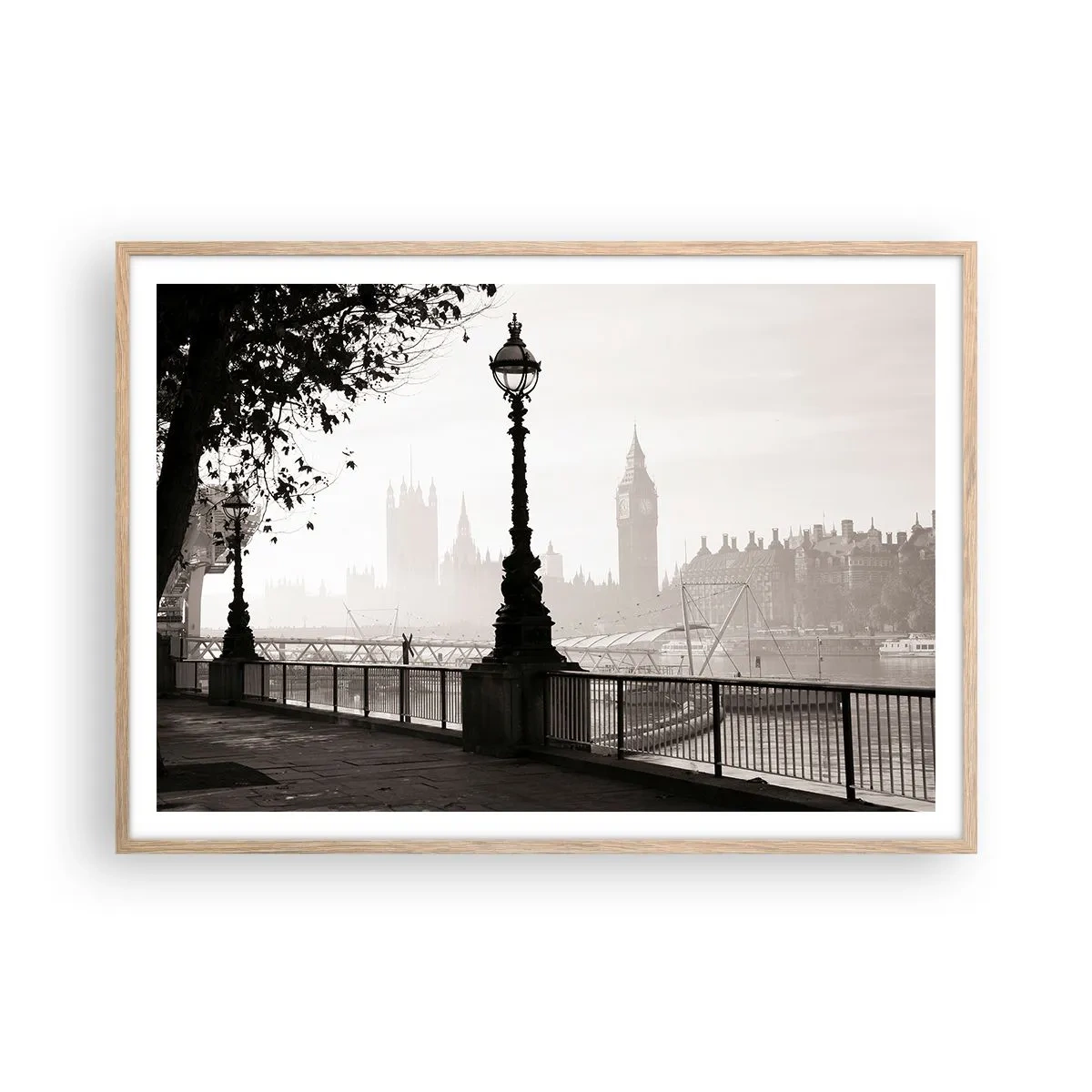 Plakat i ramme af lyst egetræ - London morgen - 100x70 cm