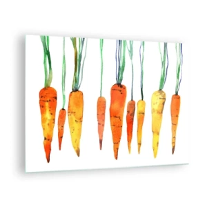 Billede på glas - Akvarelgulerødder i forskellige orange nuancer med grønne stængler - 70x50cm - Skønheden ved det almindelige - Moderne vægdekoration til stue og soveværelse ARTTOR