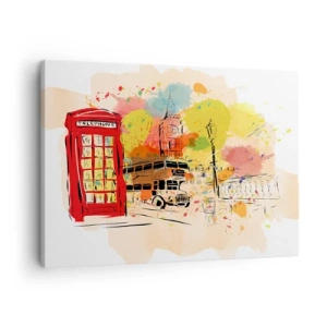 Lærredstryk - Billede på lærred - London-tema med rød bus og bod - 70x50cm - En by med variation - Moderne vægdekoration til stue og soveværelse ARTTOR